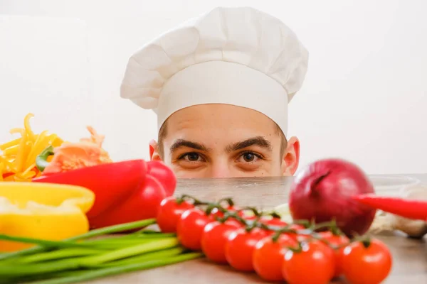 Man Cook Cap White Background Homemade Food Concept Chef Vegetables — Stock Photo, Image