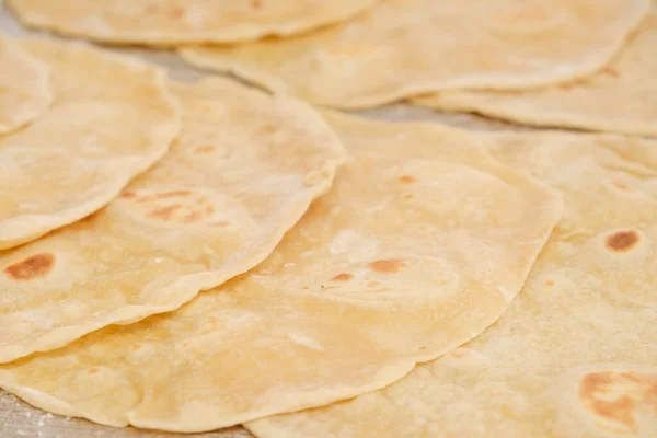 Stack Homemade Whole Wheat Flour Tortilla Wooden Table Background — Stock Photo, Image