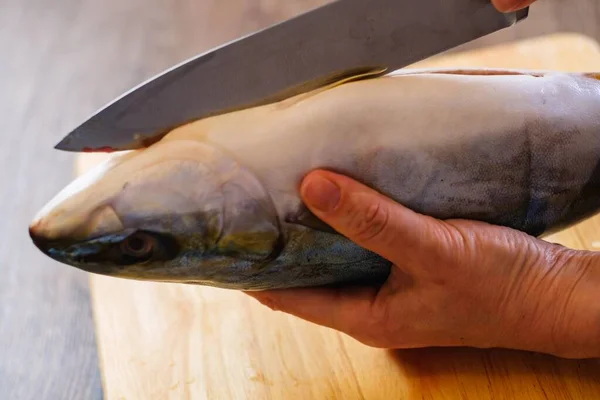 Cutting Raw Fish Tuna Food Slice Board Cut — Stock Photo, Image