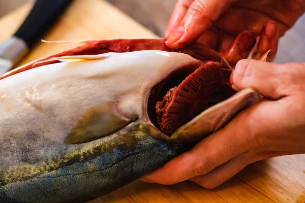 Cutting Raw Fish Tuna Food Slice Board Dish — Stock Photo, Image