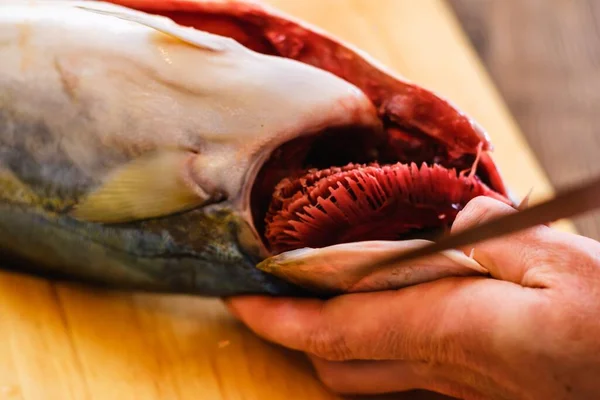 Cutting Raw Fish Tuna Food Slice Board Red Meal — Stock Photo, Image