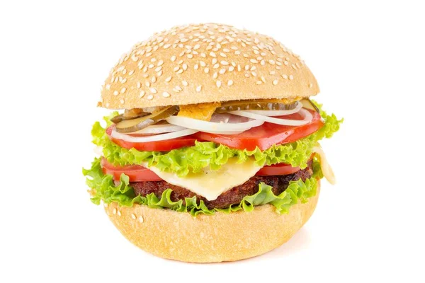 Burger Bílém Pozadí Hamburger Sendvič Hovězím Sýrem Nezdravé — Stock fotografie