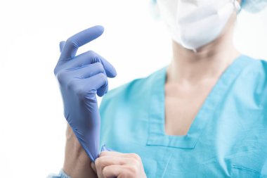 Tıbbi koruma doktoru Coronavirus covid-19 konsept eldiven, grip.