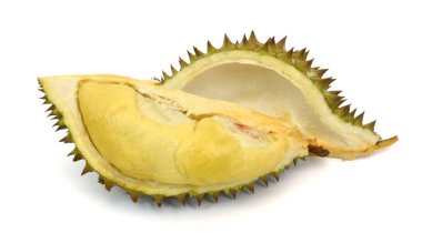 Beyaz arka planda izole edilmiş kalın dikenli olgun durian.