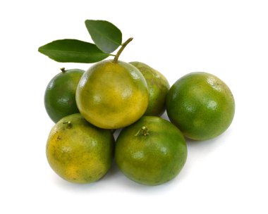 Beyaz arkaplanda yaprakları olan mandalina meyvelerini yırt