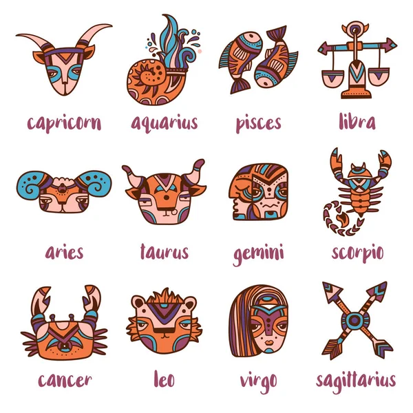 Set di segni zodiacali in stile doodle. Oroscopo divertente. Illustrazione vettoriale — Vettoriale Stock