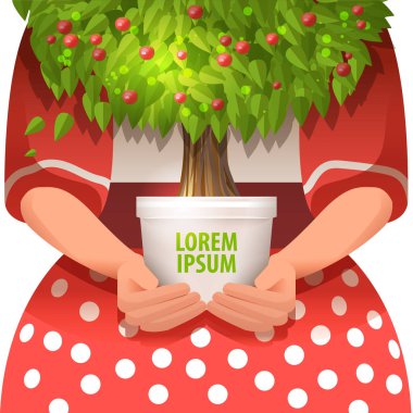 Holding bir bitki pot küçük bir yeşil ağaç ile kadın eller