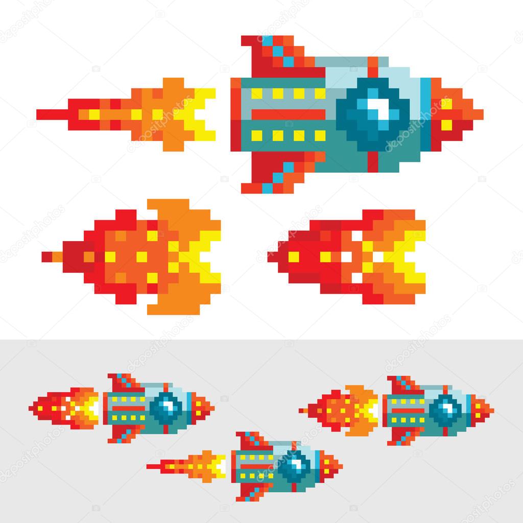Pixel rocket with flame. Different phases of pixel flame for animation
