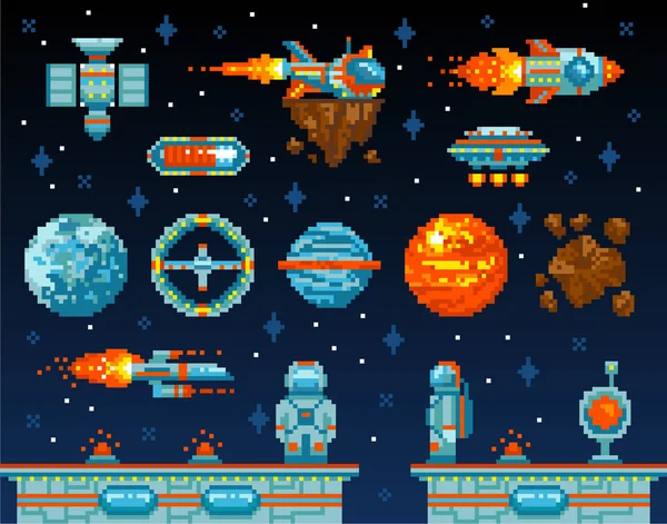 Pixel art. Interfaz de diseño de juego vintage. Elementos del juego arcade, ilustración vectorial . — Archivo Imágenes Vectoriales