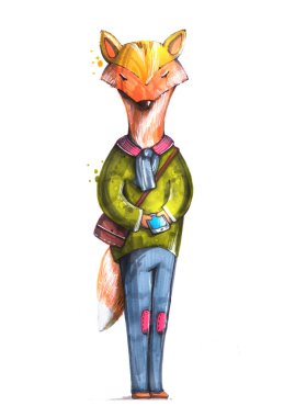 Hipster fox smartphone ile. Stil illüstrasyon kroki