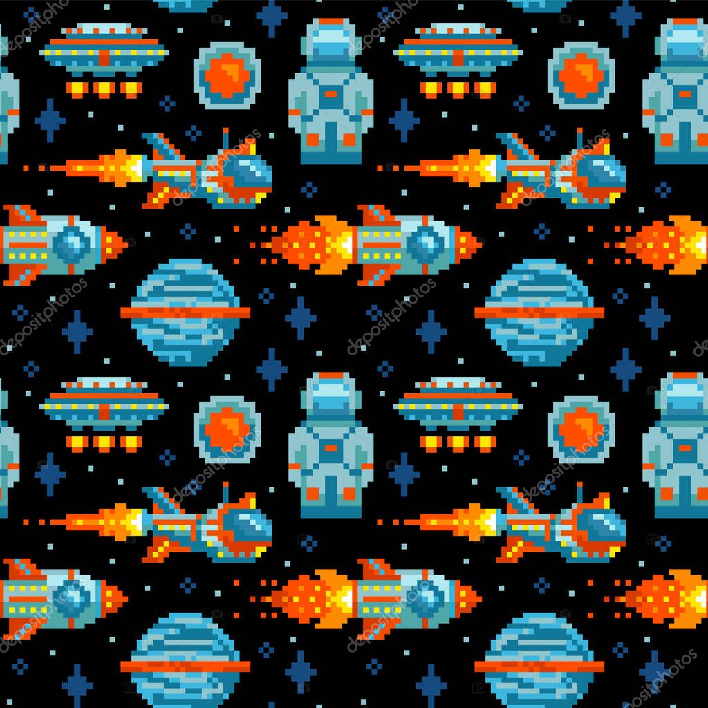 Pixel art. Space seamless pattern. Planet, spaceship, rocket, astronaut