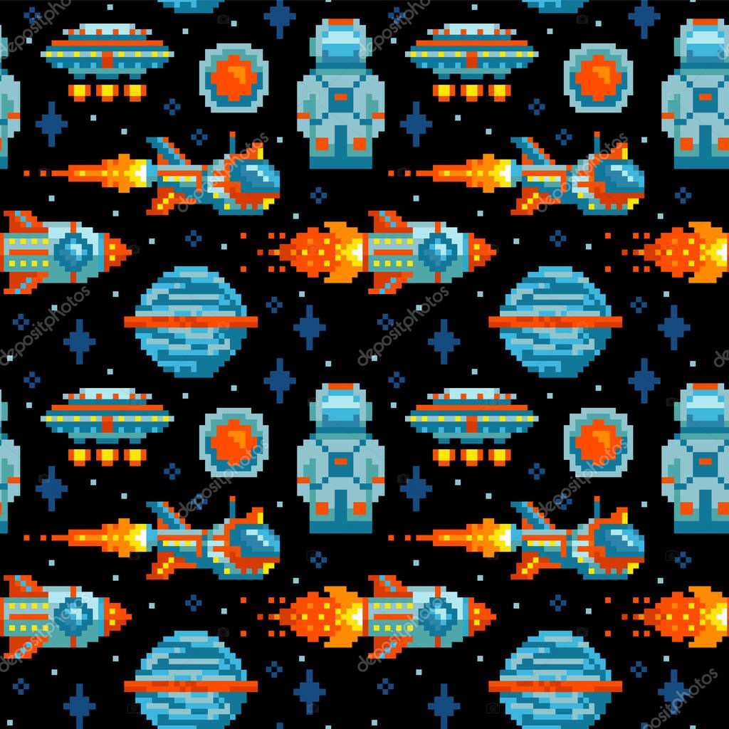 Pixel art. Space seamless pattern. Planet, spaceship, rocket, astronaut