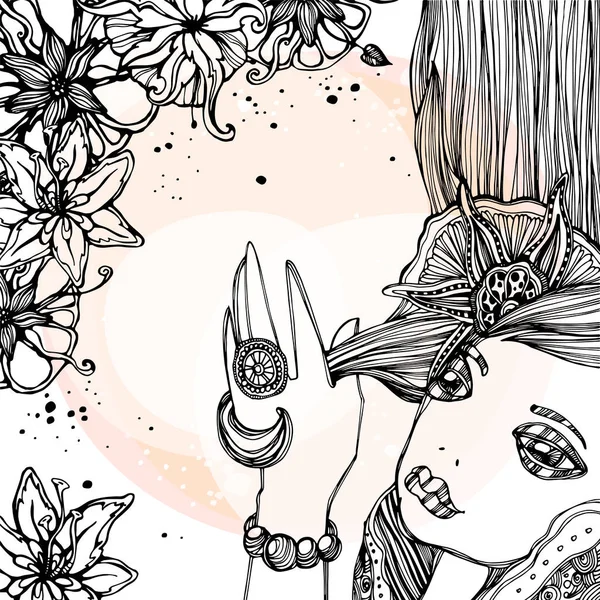 花の長い髪を持つ少女の肖像画 ベクトルの図 手描き下ろしグラフィック — ストックベクタ