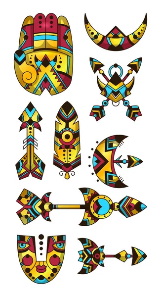 Set Bohemian Symbols Vector Illustration Hamsa Arrows Moon Mask Feather — Stock Vector