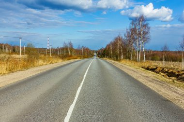Yol ve mavi gökyüzü ile ilkbahar manzarası .