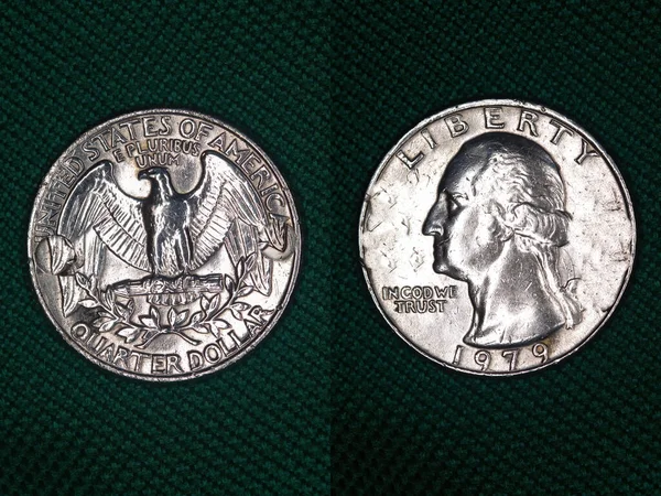 A 1979 quarter dollar collectible coin on a green background.