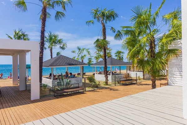 Landscape with palm trees and gazebos at the hotel on the beach .