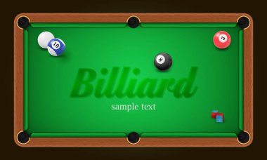 Bilardo poster. Bilardo masası arka plan illüstrasyon bilardo topları ve bilardo tebeşir
