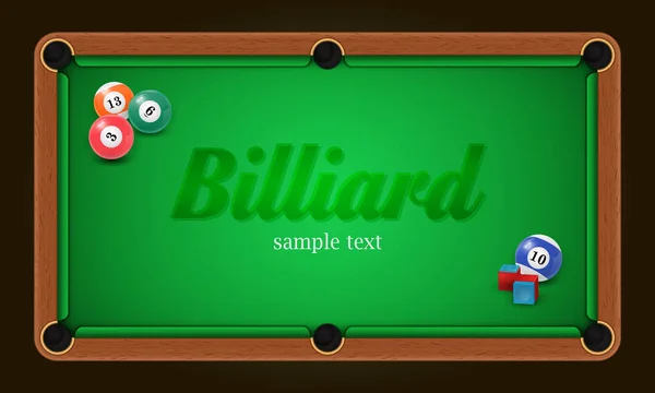 Bilardo poster. Bilardo masası arka plan illüstrasyon bilardo topları ve bilardo tebeşir — Stok Vektör