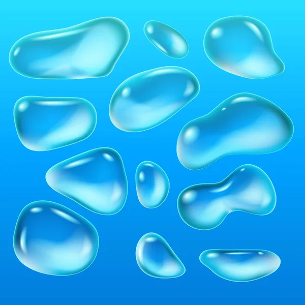 Des gouttes réalistes d'une pluie sur un fond bleu sous forme de verre. Ensemble abstrait. Illustration vectorielle . — Image vectorielle