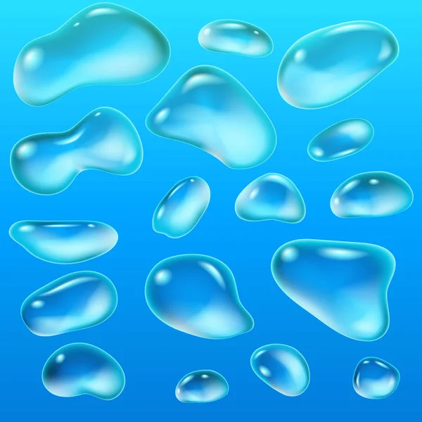 Des gouttes réalistes d'une pluie sur un fond bleu sous forme de verre. Ensemble abstrait. Illustration vectorielle . — Image vectorielle