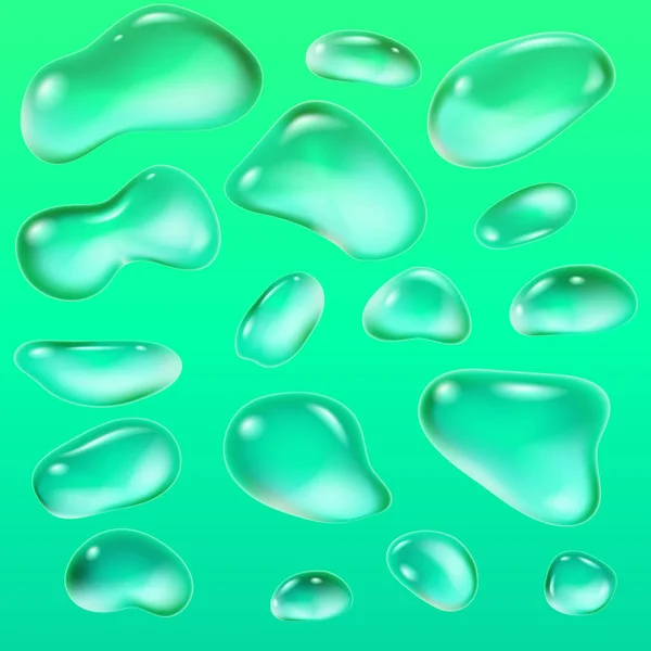 Realistische Regentropfen auf grünem Hintergrund in Form von Glas. Abstraktes Set. Vektorillustration. — Stockvektor