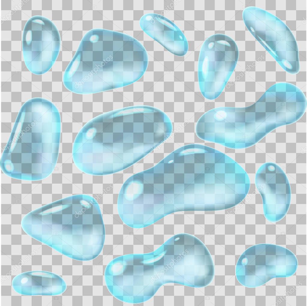 Set of transparent water drops of different forms. Vector illustration.