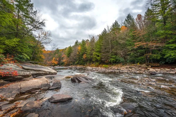 แม่น้ําอันงดงามที่มีราพิดส์ในเทือกเขา Appalachian ในฤดูใบไม้ร่วง — ภาพถ่ายสต็อก