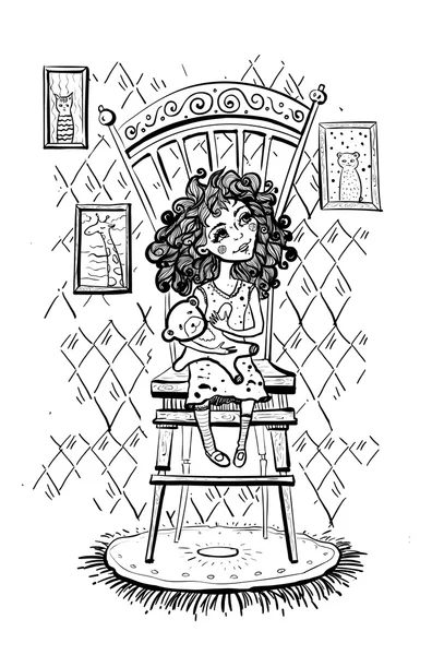 椅子の上のクマの女の子。ベクトル図 — ストックベクタ