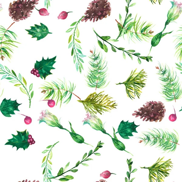 クリスマスの植物水彩画パターン — ストック写真