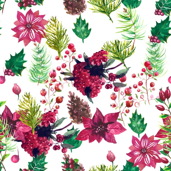 Vánoční botanické akvarel vzor — Stock fotografie