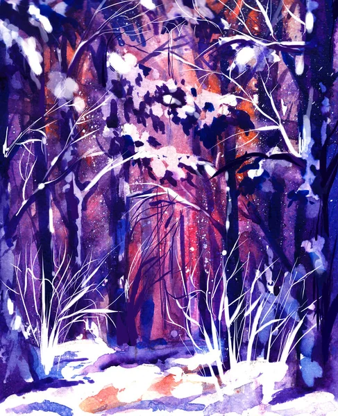 Ручная акварельная живопись пейзажа зимних лесов . — стоковое фото