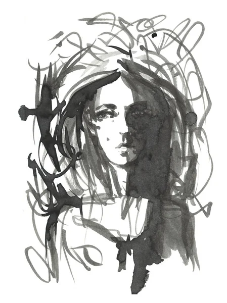 Εικονογράφηση μόδας κορίτσι. Χέρι συρμένο πορτρέτο ενός προσώπου μοντέλο νεαρή γυναίκα. σκίτσο, μαρκαδόρο, Ακουαρέλα. — Φωτογραφία Αρχείου
