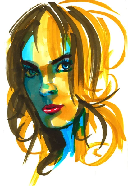 Mode Mädchen Illustration. Handgezeichnetes Porträt einer jungen Frau mit modelliertem Gesicht. Skizze, Marker, Aquarell. — Stockfoto