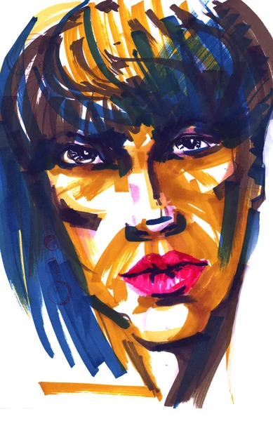 Moda menina ilustração. Retrato desenhado à mão de uma jovem cara modelo. esboço, marcador, aquarela . — Fotografia de Stock