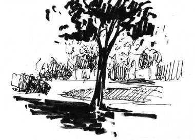 Biraz ot ağaçlarıyla büyüyen illüstrasyon mürekkep. Beyaz arka plan üzerinde izole siluet.