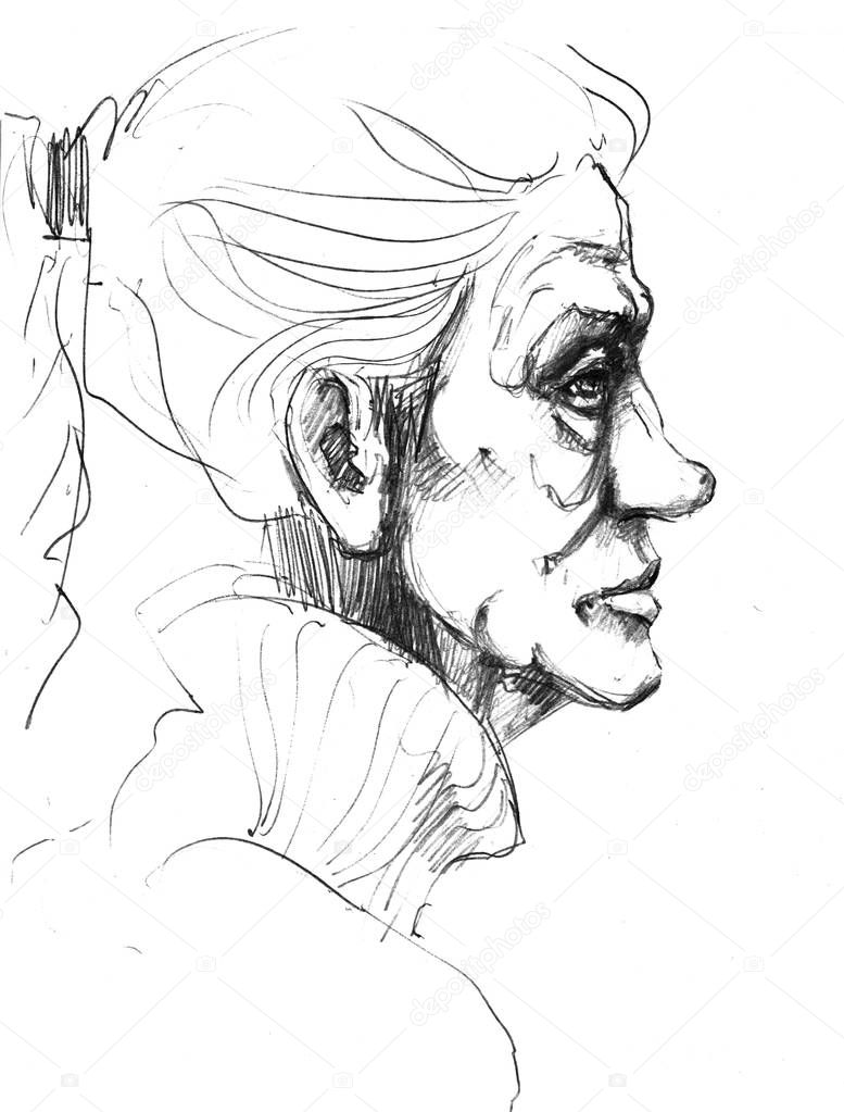 Hand-drawn picture. Pencil technique. Face of an old woman.