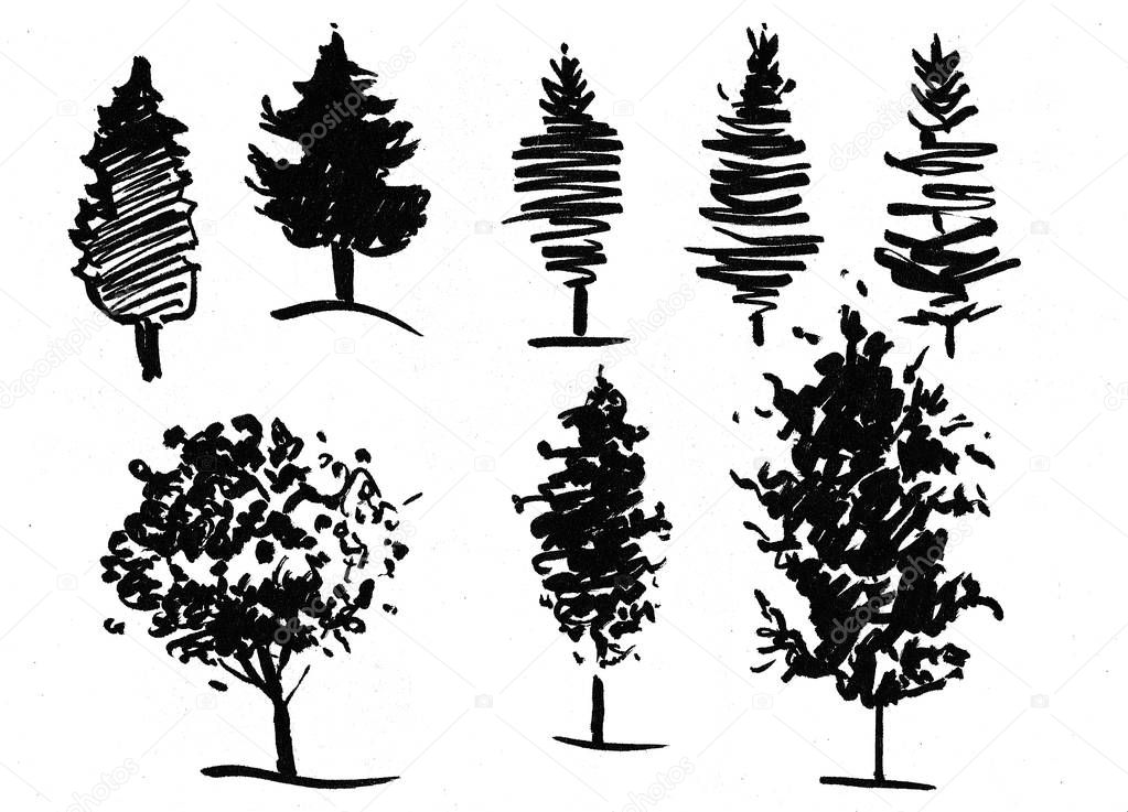 Ink illustration of growing trees with some grass. Silhouette isolated on white background.