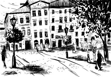 Şehir manzarası. Kağıt üzerinde mürekkep tarafından yapılan.