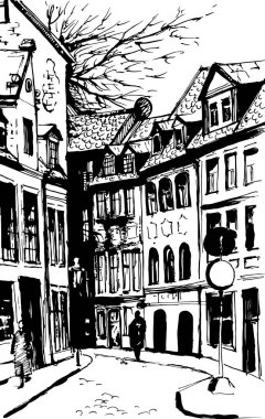 Şehir manzarası. Kağıt üzerinde mürekkep tarafından yapılan.