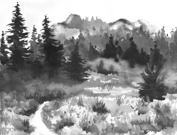 Kézzel rajzolt akvarell festészet az erdős táj. Török — Stock Fotó