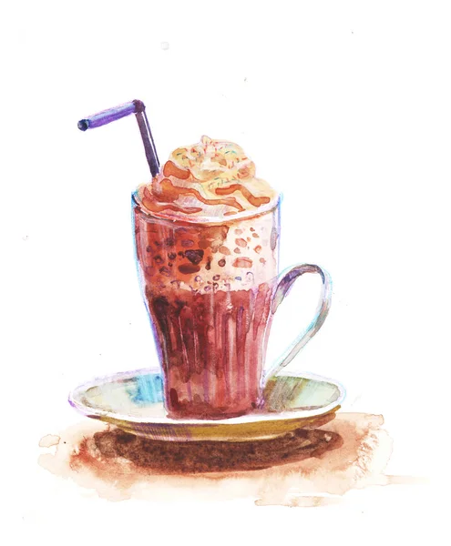 ホット チョコレート。白い背景に水彩で描かれたコーヒー カップ. — ストック写真