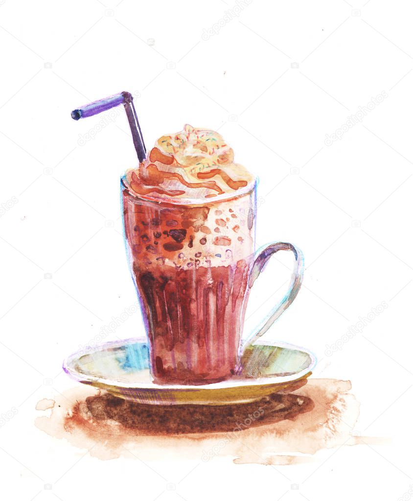 Hot Chocolate. Coffee cup painted with watercolors on white background.