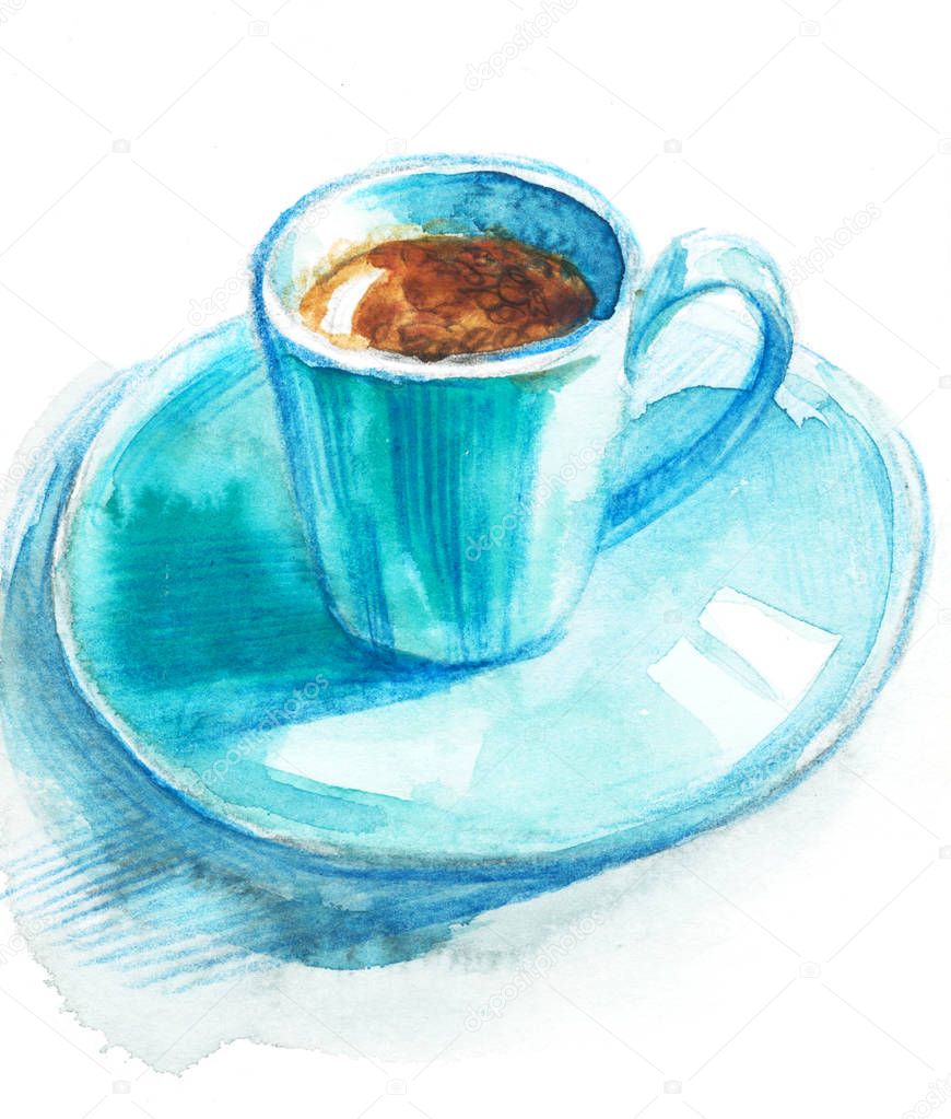 Coffee cup painted with watercolors on white background.