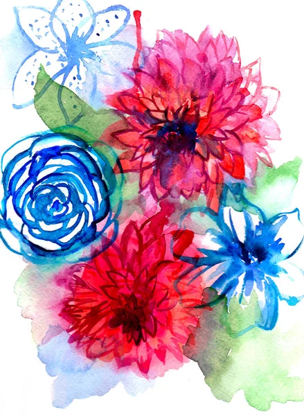 Ακουαρέλα λουλουδάτο μοτίβο. Χωρίς ραφή πρότυπο με μοβ και ροζ μπουκέτο σε λευκό φόντο. Λιβάδι λουλούδια — Φωτογραφία Αρχείου