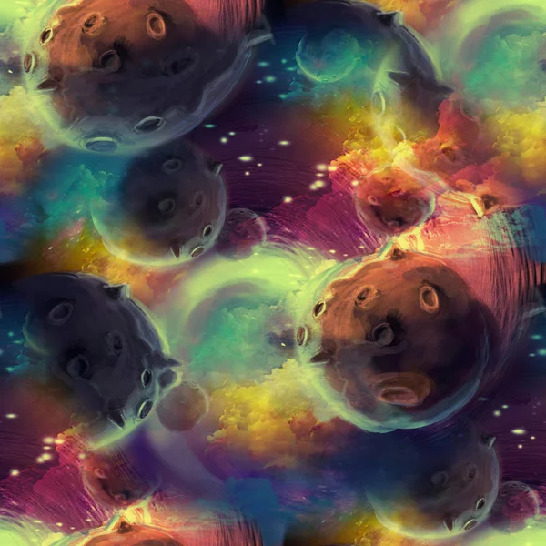 Space seamless pattern with planets and spaceships. — Stock Photo, Image