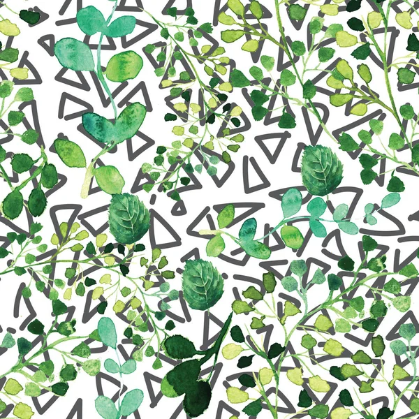 Leaves and flowers seamless pattern. Hand painted illustration on geometric background — Stock Photo, Image