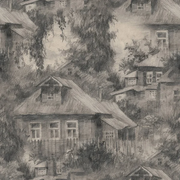 Patrón sin costura con casas en la aldea, Paisaje rural, Dibujo de ilustración dibujado a mano . — Foto de Stock