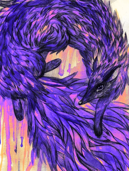 Purple Fox auf dem Grunge-Hintergrund. Aquarell. — Stockfoto