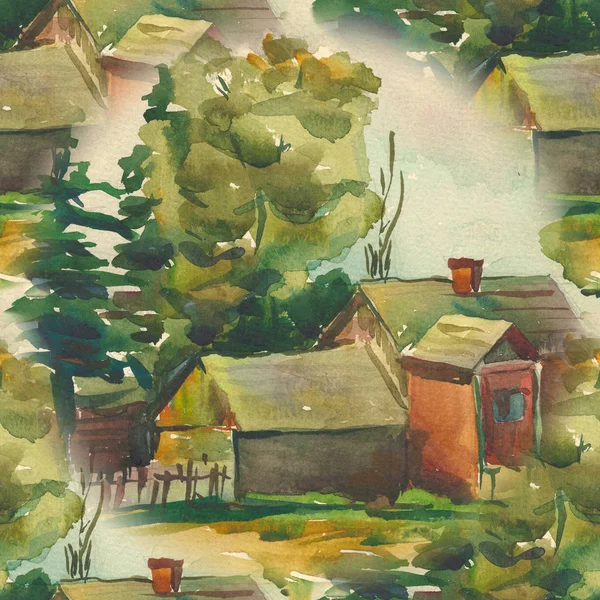 Безшовний візерунок з акварельним літнім пейзажем. сільський будинок у зеленому пейзажі. ілюстрація — стокове фото